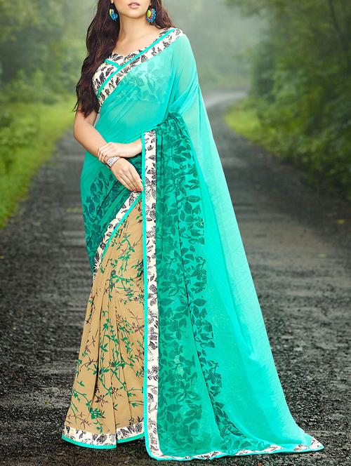 green & beige georgette printed half & half saree - 13848103 - Very Small Image - 1