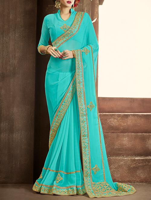 turquoise georgette embroidered saree - 13848183 - Very Small Image - 1