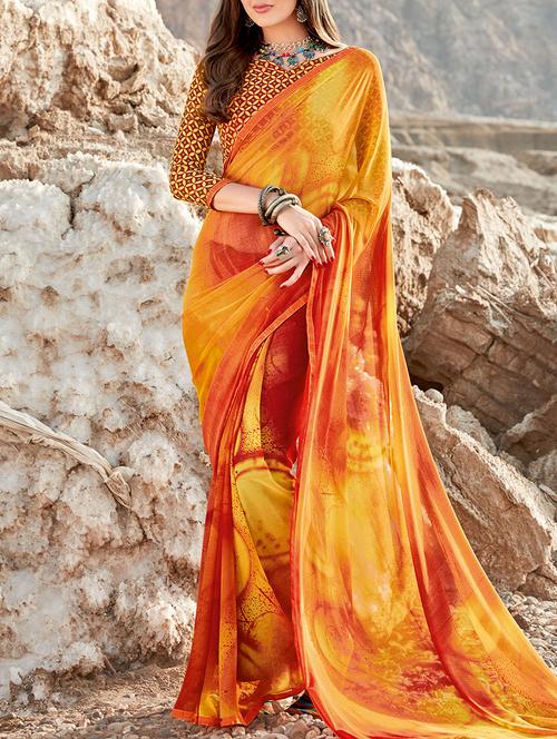 orange georgette printed saree - 13848200 - Very Small Image - 1