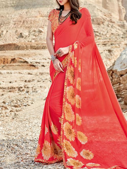 red georgette printed saree - 13848206 - Very Small Image - 1