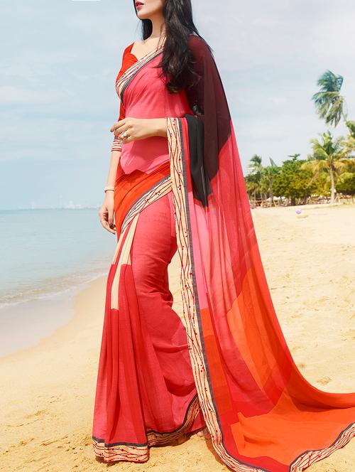 red georgette printed saree - 13848221 - Very Small Image - 1