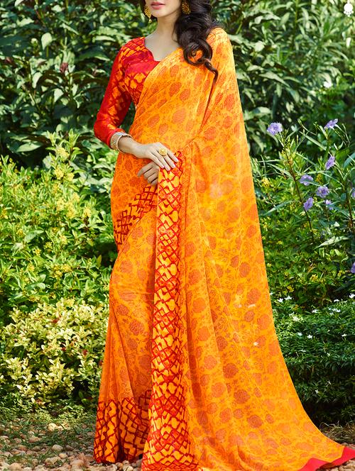 orange georgette printed saree - 13848242 - Very Small Image - 1