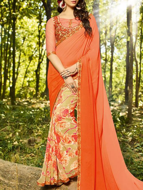 orange georgette printed half & half saree - 13848309 - Very Small Image - 1