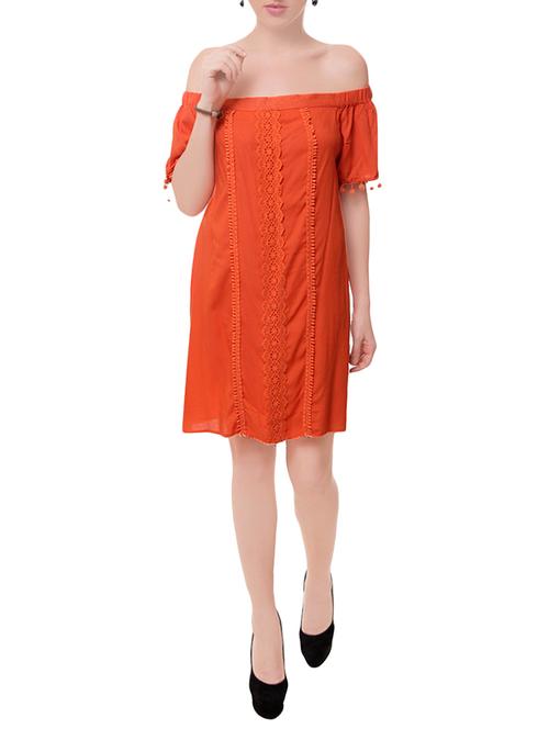 orange viscose off shoulder dress - 13855439 - Very Small Image - 1