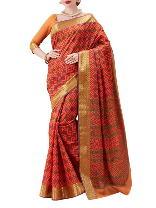 orange cotton printed saree with blouse - 13855813 - Very Small Image - 1