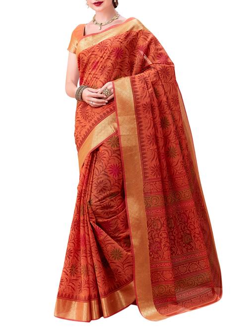 orange cotton printed saree with blouse - 13855818 - Very Small Image - 1