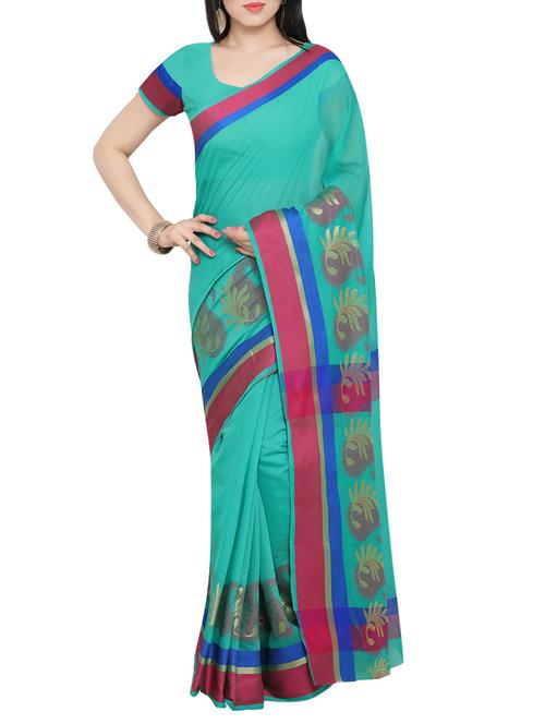 teal green cotton silk woven saree with blouse - 13857141 - Very Small Image - 1