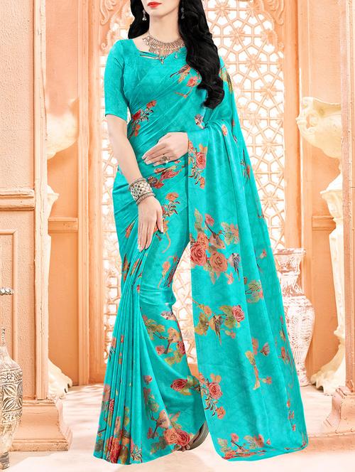 sky blue satin printed saree with blouse - 13857164 - Very Small Image - 1