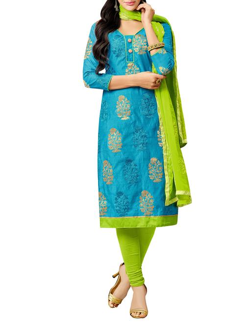 sky blue chanderi cotton churidaar suit dress material - 13857386 - Very Small Image - 1
