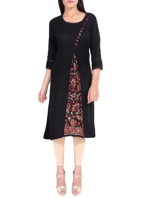 Black Cotton Slub Printed Angrakha Style A-Line Kurta - 13857653 - Very Small Image - 1