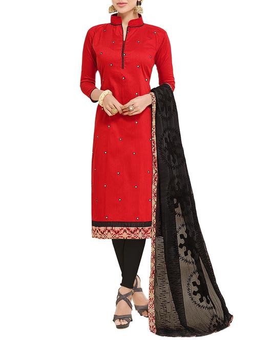 red cotton blend churidaar unstitched suit - 13860997 - Very Small Image - 1