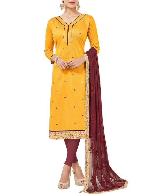 mustard cotton blend churidaar unstitched suit - 13860999 - Very Small Image - 1