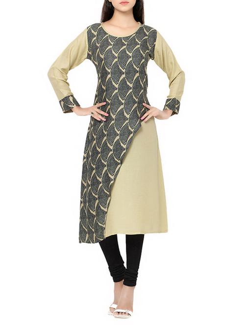 beige cotton a-line kurta - 13863477 - Very Small Image - 1