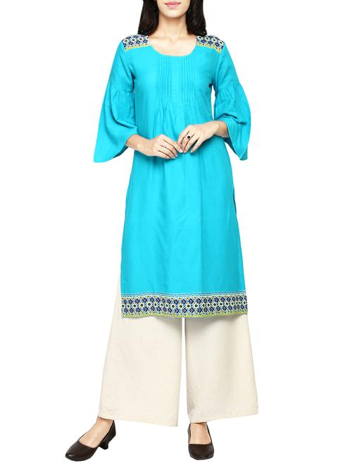 turquoise rayon solid kurta - 13865299 - Very Small Image - 1