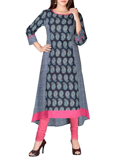 blue cotton high low kurta - 13867291 - Very Small Image - 1