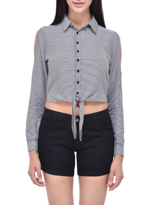 cold shoulder striped crop shirt - 13869066 - Very Small Image - 1
