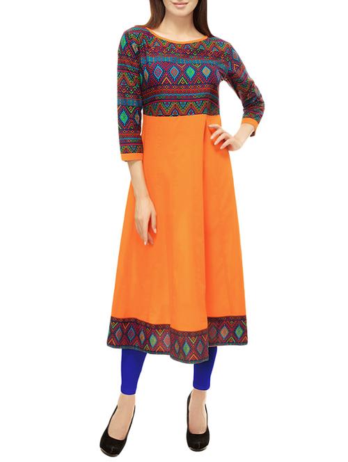 orange cotton flared kurta - 13870490 - Very Small Image - 1