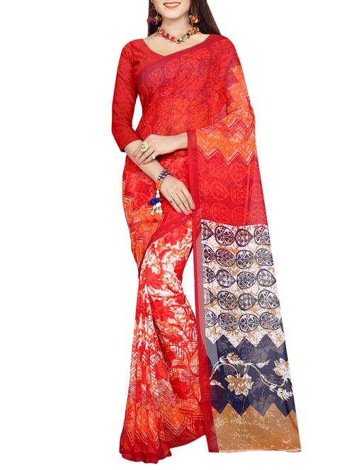 red faux georgette printed saree with blouse - 13873196 - Very Small Image - 1