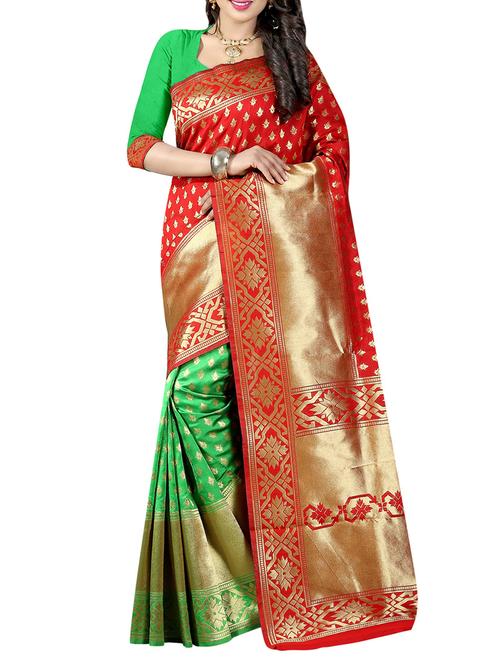 red & green art silk kanjivaram saree with blouse - 13876053 - Very Small Image - 1