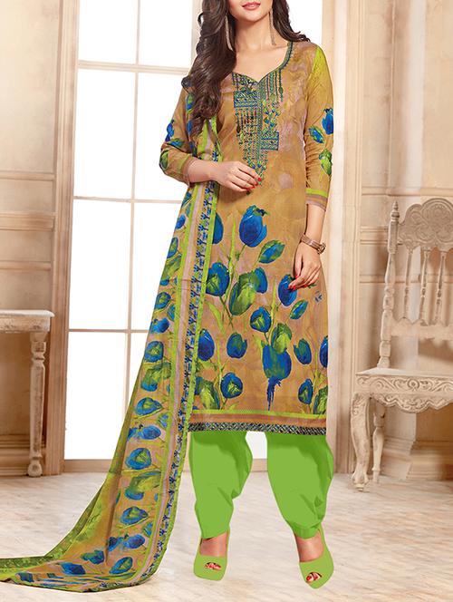 beige cotton printed salwar suit dress material - 13877821 - Very Small Image - 1