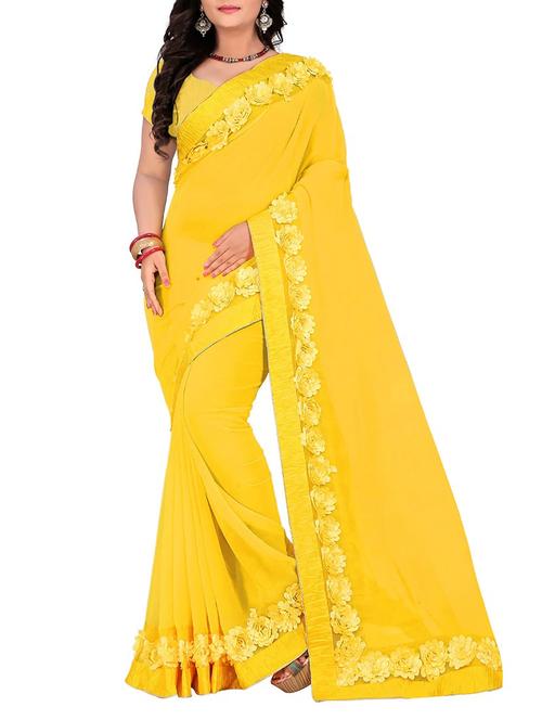 yellow georgette bordered saree - 13878144 - Very Small Image - 1