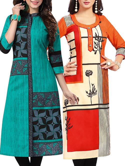 combo (set of 2 ) multi colored cotton unstitched kurta - 13881909 - Very Small Image - 1
