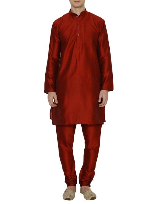solid maroon silk blend kurta pyjama set - 13882651 - Very Small Image - 1