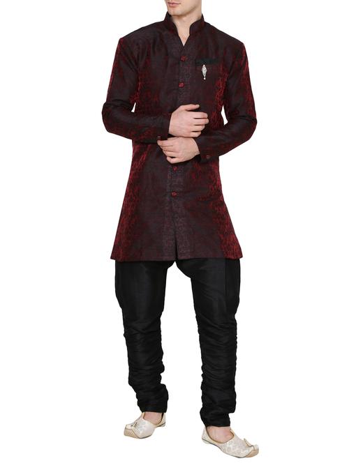 maroon silk blend jacquard kurta pyjama set - 13882654 - Very Small Image - 1