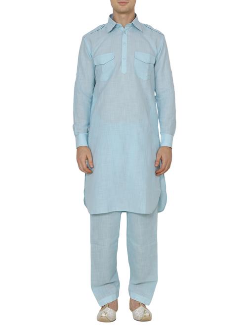 light blue cotton kurta pyjama set - 13882681 - Very Small Image - 1