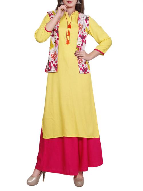 yellow rayon solid straight kurta with printed jacket - 13884087 - Very Small Image - 1