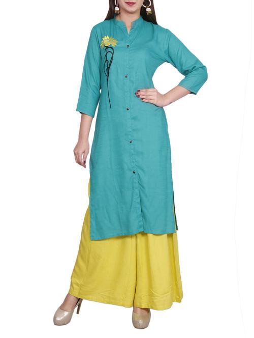 turquoise green rayon embroidered straight kurta - 13884112 - Very Small Image - 1