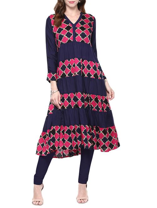 blue & pink rayon printed tiered kurta - 13885089 - Very Small Image - 1