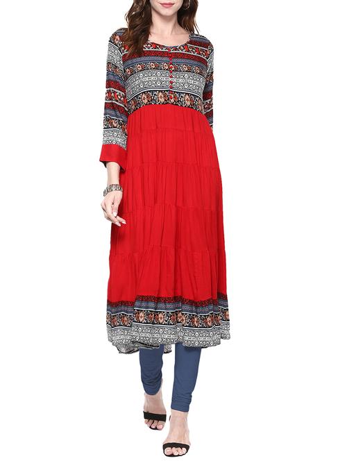 red rayon printed flared kurta - 13885091 - Very Small Image - 1