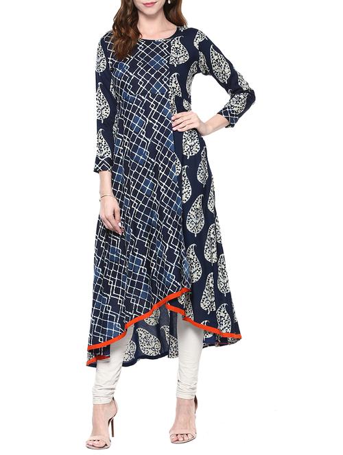 indigo rayon printed high-low kurta - 13885092 - Very Small Image - 1