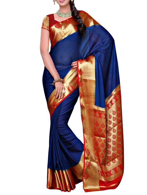 blue kanjivaram crepe saree with blouse - 13885785 - Very Small Image - 1