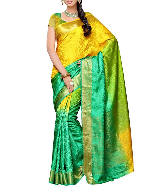 yellow & green art silk woven saree with blouse - 13885848 - Very Small Image - 1