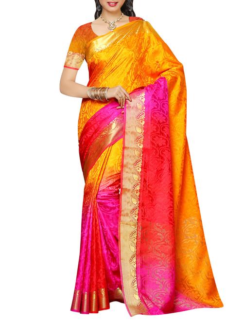 yellow & pink art silk woven saree with blouse - 13885849 - Very Small Image - 1