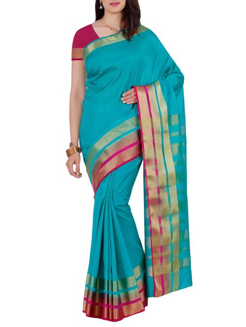 turquoise art silk bordered saree with blouse - 13885889 - Very Small Image - 1