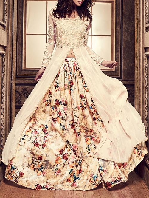 cream semi-stitched skirt suit - 13891604 - Very Small Image - 1
