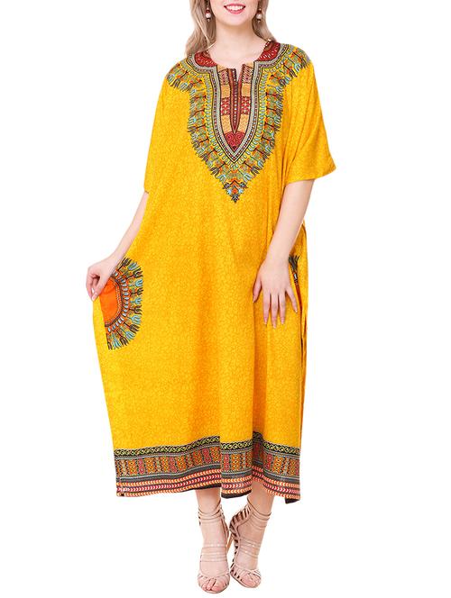 yellow printed rayon kaftan - 13895045 - Very Small Image - 1