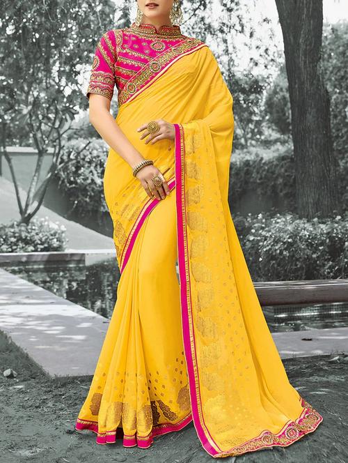 yellow georgette bordered saree with blouse - 13897228 - Very Small Image - 1