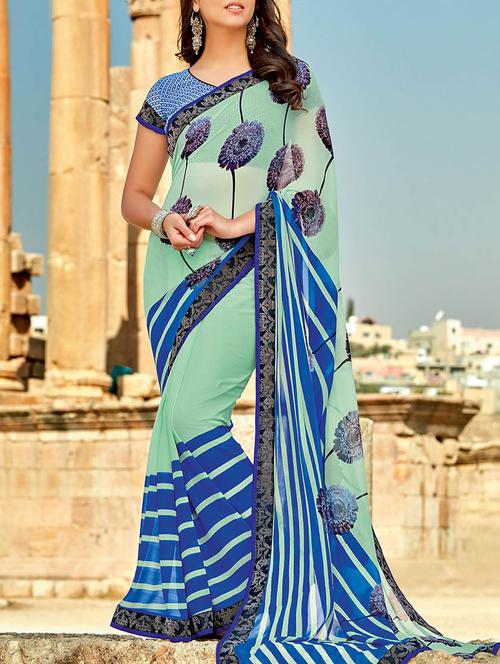 green georgette printed saree - 13898350 - Very Small Image - 1
