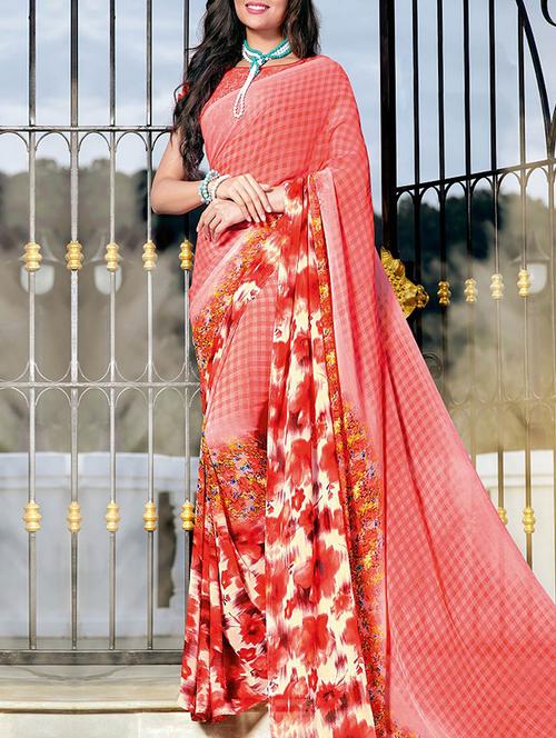 peach georgette printed saree - 13898360 - Very Small Image - 1
