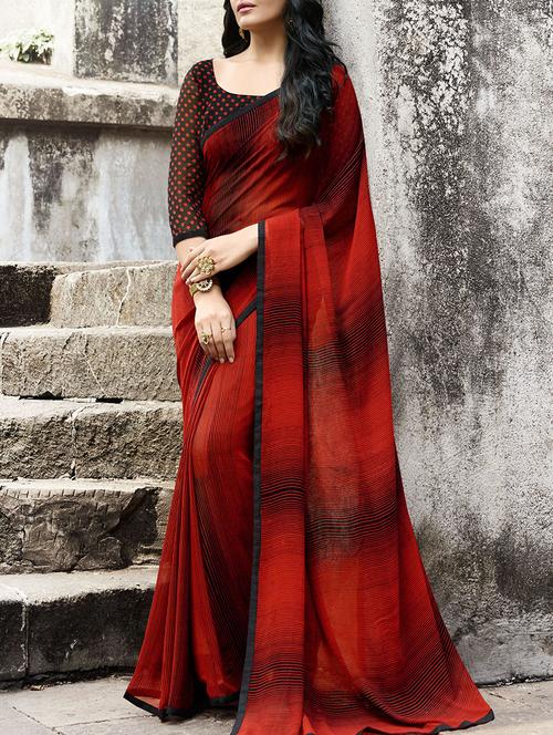 red georgette printed saree - 13898413 - Very Small Image - 1