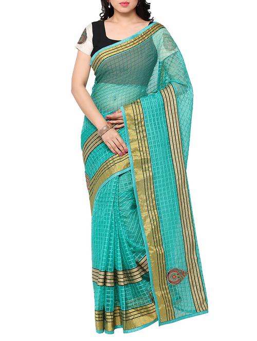 turquoise kota doria saree with blouse - 13900999 - Very Small Image - 1