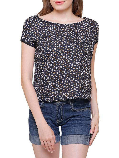 navy blue floral printed polycrepe regular top - 13902623 - Very Small Image - 1