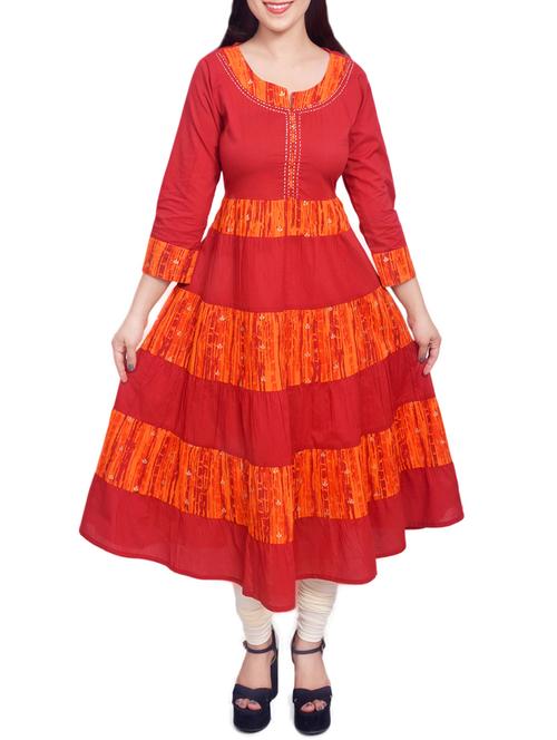 Red cotton tiered kurta - 13906882 - Very Small Image - 1
