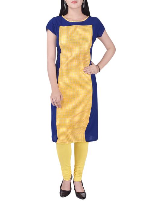 yellow cotton checkered straight kurta - 13908586 - Very Small Image - 1