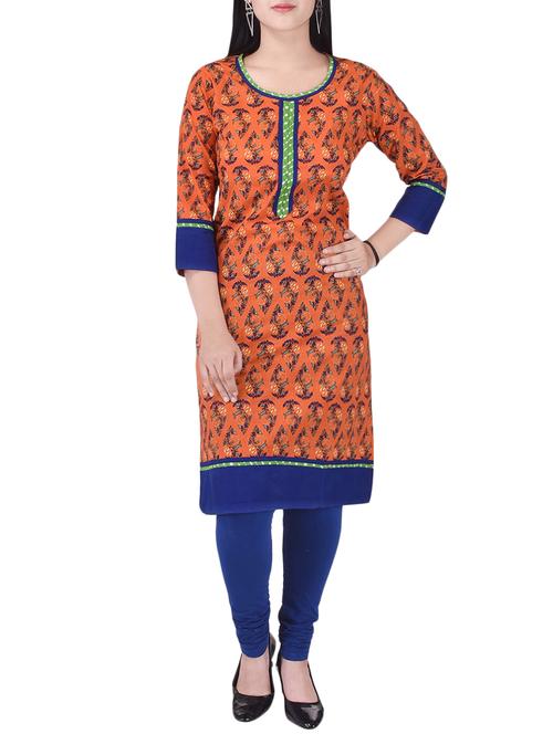 orange cotton printed straight kurta - 13908600 - Very Small Image - 1