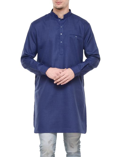 solid navy blue cotton long kurta - 13910927 - Very Small Image - 1
